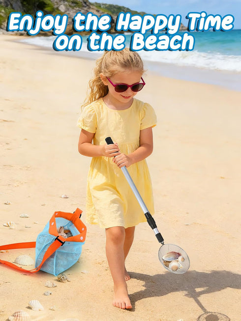 1 Pack 21.6"~33" Sand Sifter with Seashell Bag- Adjustable Shark Tooth Sifter & Sea Shell Bags for Beach Seashell