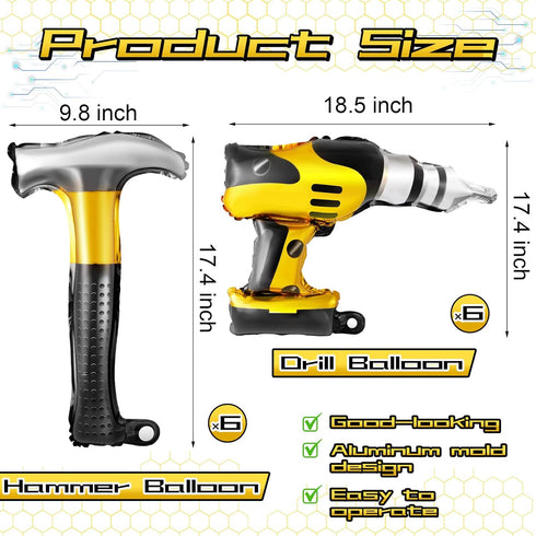 12pcs Hammer Balloons, 17 Inch Inflatable Toys for Construction Party Decorations, Father's Day Party