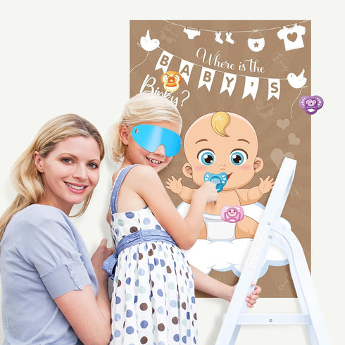 64 Pin The Pacifier On The Baby Game Baby Pacifier Games Poster with Pacifier Stickers for Baby Shower Party Favors