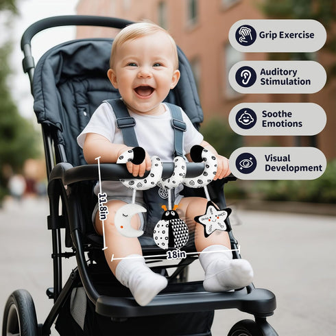 Car Seat Toys for Babies 0-6 Months, Hanging Rattle Toys for Crib Mobile, Black and White High Contrast Stroller Toys