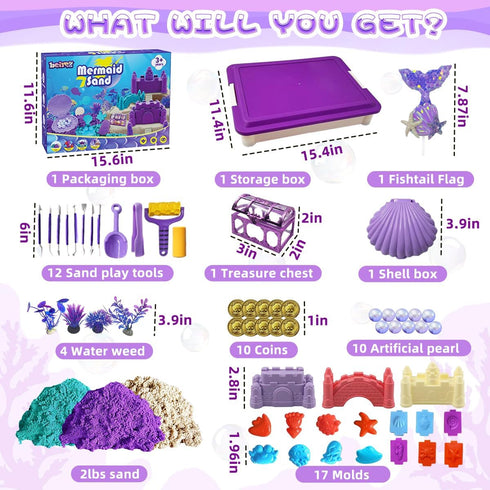 60Pcs Set 2lbs 17 12 3-8 Mermaid Sensory Bin Kit - Sensory Sand with (Purple/Teal/Beach), Sea Castle & Marine Molds