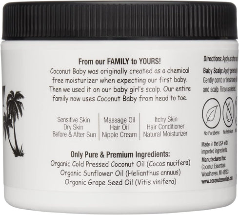 8 oz Coconut Essentials COCONUT BABY Oil, Natural & Organic Moisturizer for Newborn Sensitive Skin, Eczema & Psoriasis