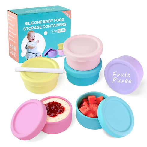 Set of 6 100% Silicone Baby Food Storage Containers - 5 oz Leak Proof Snack Containers with Airtight Lids