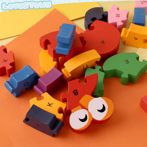 LovesTown Snail Wooden Puzzles - 26PCS Building Blocks Jigsaw Puzzle, Alphabet and Number Blocks for Kids