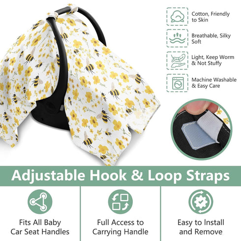 Dalzium Bumblebees and Yellow Flowers Car Seat Cover Baby, Carseat Canopy Cover for Girl Boy, Breathable Baby Carrier