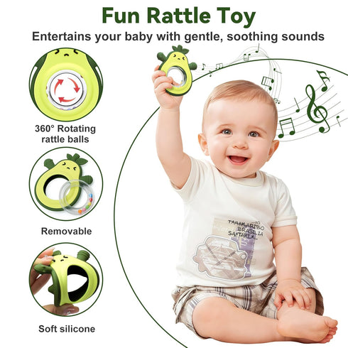 suhunide 0-6 3-24 Baby Rattles Teething Toy for Babies Months, Avocado Design BPA Free, Teething Relief for Infant