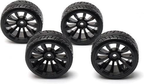 1/10 RC Drift Wheels, 12mm Plastic RC Drift Tires & Black 10 Spokes Wheel Rims, Pack of 4