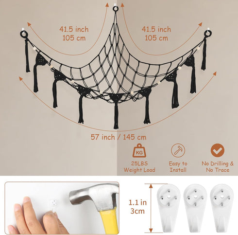 Hammock 57 Inch 100% Hammock Stuffed Animal Storage Corner, Large No Drilling Handcrafted Stuffed Animal Net, Natural