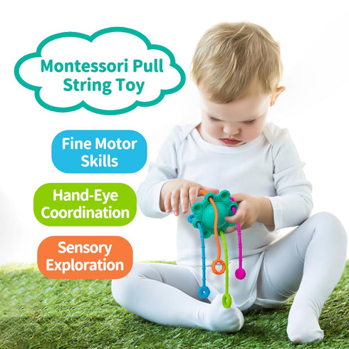 Montessori Pull String Toy - 100% Food Grade Silicone with Built-in Rattle Function (Spearmint)