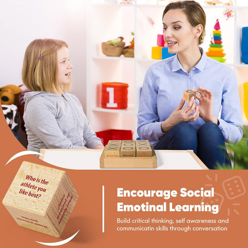 Conversation Cubes with Tic Tac Toe Game - Wooden Block for Family Game Night and Therapy Icebreaker