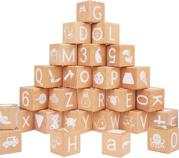Alphabet Letters Stacking Blocks, 26 Wooden ABC Building Blocks for Toddlers, Educational Montessori Sensory Toys