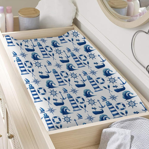 Nautical Life Changing Pad Cover, Navy White Lighthouse, 32"x16" Soft Stretch Diaper Change Table Cover