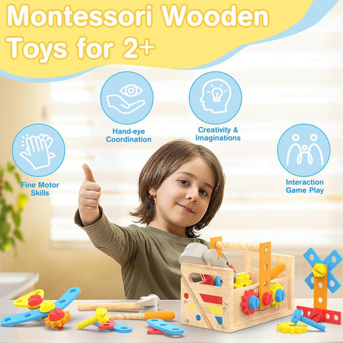 2 Set 2-4, Toys for Year Old Boy - Wooden Kids Tool with Apron, Montessori Toddler Bench STEM Educational Construction