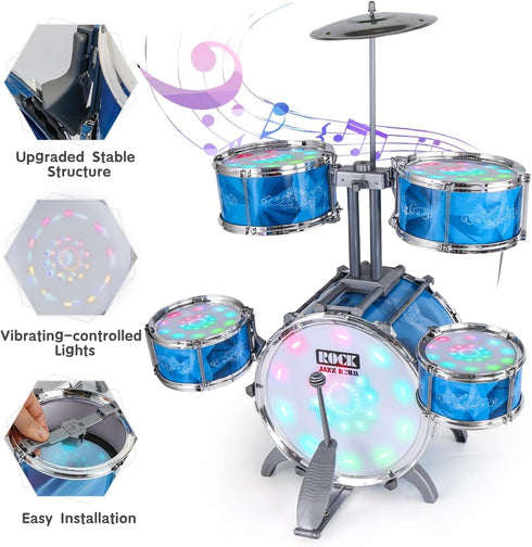 Kids Drum Set for Toddlers with 5 High Drums & Lights, Vibrating-Controlled Drum Kit Musical Instruments for Ages 1-5