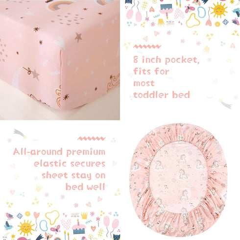Set, 4 Set, JSD Pink Unicorn Toddler Bedding Piece Bed-in-a-Bag Toddler Microfiber Comforter Sheet All Season Machine