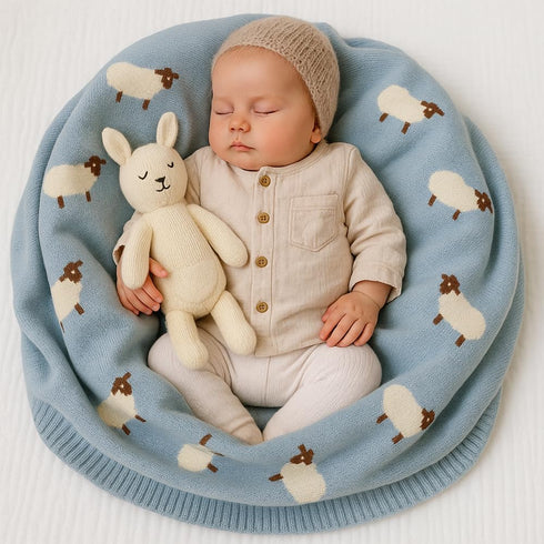 Cozy 30x40 Cotton Baby Blanket Knit Soft Swaddle Receiving Blankets Toddler Infant Blanket with Lovely Sheep
