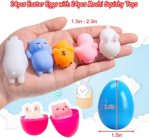 24 Pack Fillers Easter Eggs with Mochi Squishy Toys Surprise Mini Kawaii Animal Squishies Stress Relief Toys for Easter