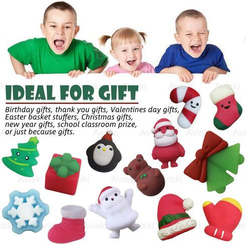 100PCS Christmas Mochi Squishy Toys, Mini Kawaii Christmas Squishies Soft Fidget Toys Stress Squeeze Toys Party Bags
