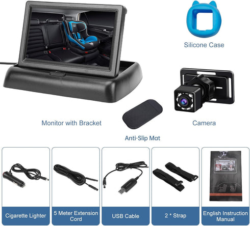 Shkalacar 1080P 4.3 Inch 150 Baby Car Camera, Foldable Monitor with Night Vision and Wide View Angle, for Baby Rear