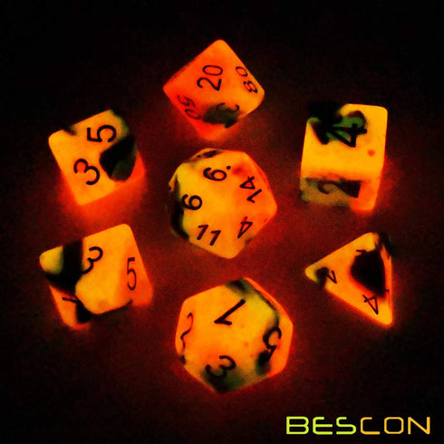 Bescon Two-Tone Glow-in-The-Dark Polyhedral Dice Set, Luminous RPG Dice Set d4 d6 d8 d10 d12 d20 d% Brick Box Pack