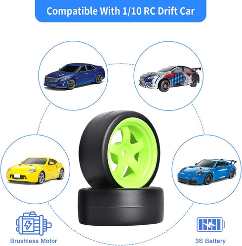 1/10 RC Drift Tires and Wheels 12mm Hex Hard Tyre, Set of 4 for RC Drifting Car, Fits 1/12 1/14 1/16 Models