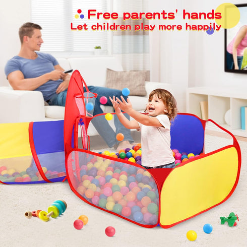 3 in 1 Kids Play Tent with Baby Ball Pit and Play Tunnel, Indoor Outdoor Playhouse for Toddlers, Best Birthday Gifts