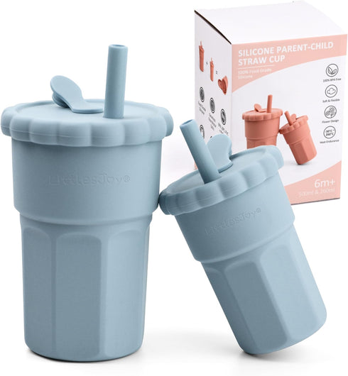 Silicone Parent-child Straw Cup, BPA Free, Heat Resistant, Silicone Straw Baby Cups Set for Big Kids Toddlers (Ether)