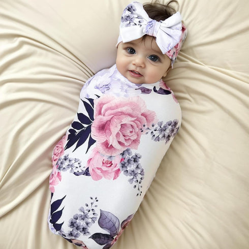 Galabloomer Newborn Receiving Blanket and Headband Set, Baby Flower Swaddle for Infants