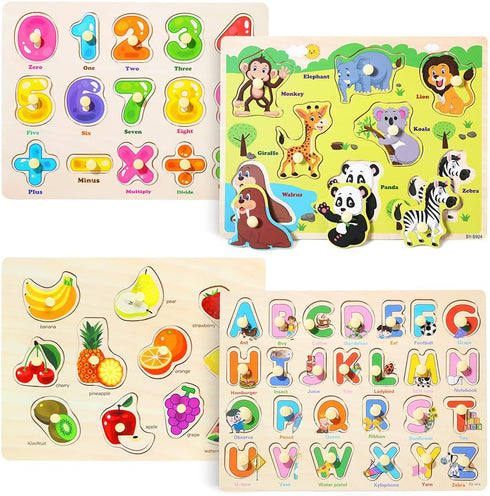 GRINNNIE Wooden Peg Puzzle, 4 PCS Montessori Learning Puzzles for Toddlers 2-4 Years, Numbers, Letters, Animals Gifts