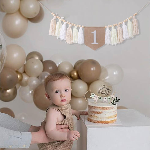1st Birthday High Chair Banner - White Tassel Theme Banner For Girl - First Birthday Party Banner - White Fringe Wood