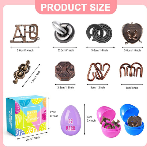 32 Pack Brain Teaser Puzzles & Colorful Easter Eggs - Challenging Metal Wire Puzzles for Kids & Adults - DIY Easter