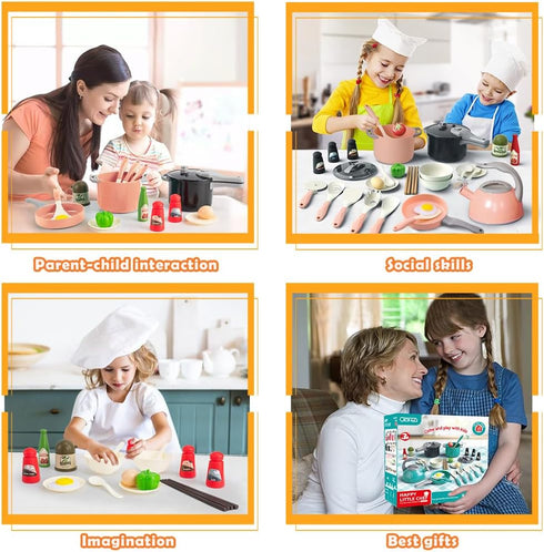 Bruvoalon 32Pcs Kids Play Kitchen Toys Set, Pretend Cooking Playset with Pots, Pans, Utensils, Foods