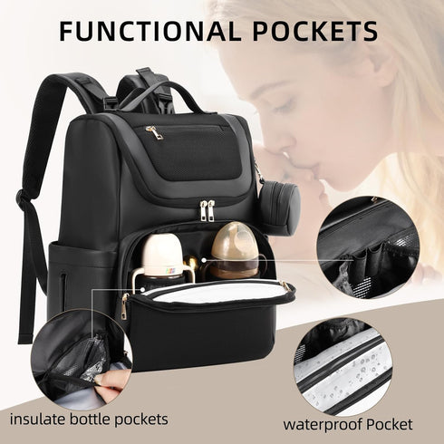 vosmles Backpack, Large Leather Diaper Bag Baby Travel Bag with Changing Pad, Insulated Pockets, Stroller Straps
