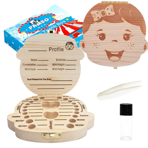 PAMBO Baby Tooth Box Keepsake for Girls, Wooden Tooth Storage and Saver Box for Lost Teeth