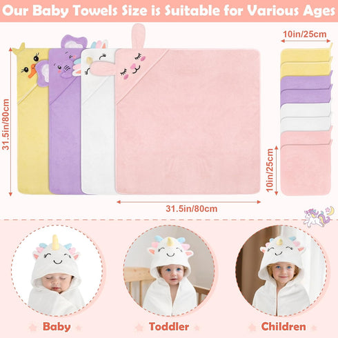 12 4 8 Set, CandyHome PCS Baby Bath Towels for Infants Toddlers, PCS Animal Hooded Baby Towels & PCS Washcloths Ultra