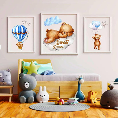 Tedy Bear Moon & Stars Wall Decor, Sleeping Bear Wall Stickers for Baby & Nursery Room Decor