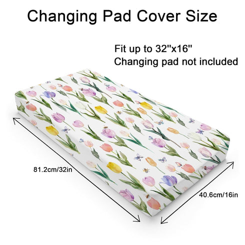 Watercolor Tulips Bees Butterflies Changing Pad Covers Boho Spring Floral Diaper Change Table Pad Sheets for Baby Girl Wild Flowers Soft Breathable Stretchy Snug Fitted Changing Table Mats 32''x16''