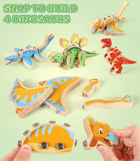 Playset, 3 4 5 6+ Dinosaur Wooden Toys,Snap on Dino Together Building Blocks,Take Apart STEM Montessori Educational