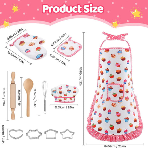 MEIDAYAI 11 Set 3-8, PCS Kids Baking for Girls, Chef Costume with Adjustable Apron & Hat, Pretend Play Kitchen Toys