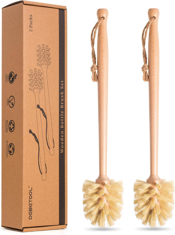 DEBETOOL 2-Pack Natural Wooden Bottle Brush with Sisal Bristles, Long Handle Bottle