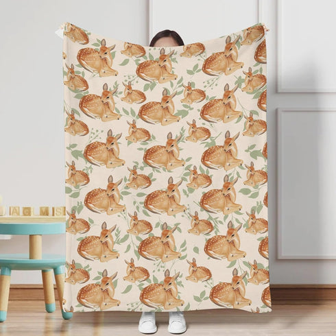 Cute Woodland Deer Green Leaves Baby Blanket for Boys Girls, Soft Flannel Swaddle Receiving Blankets for Newborn