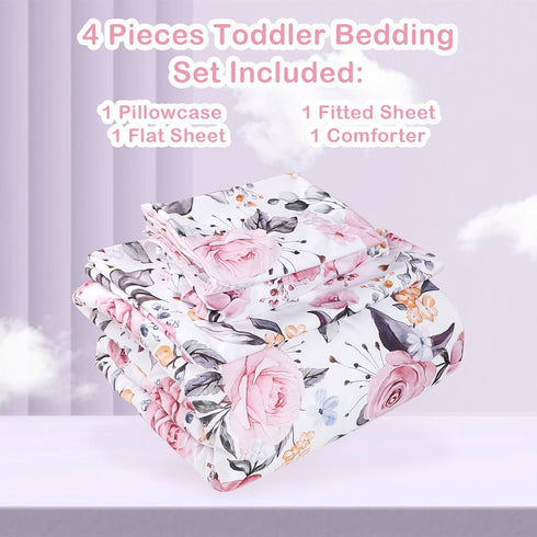 Set 4 Set, Set, Pea Pod Toddler Bedding for Girls, Piece Soft & Breathable Floral Crib Bedding Bed-in-A-Bag Toddler