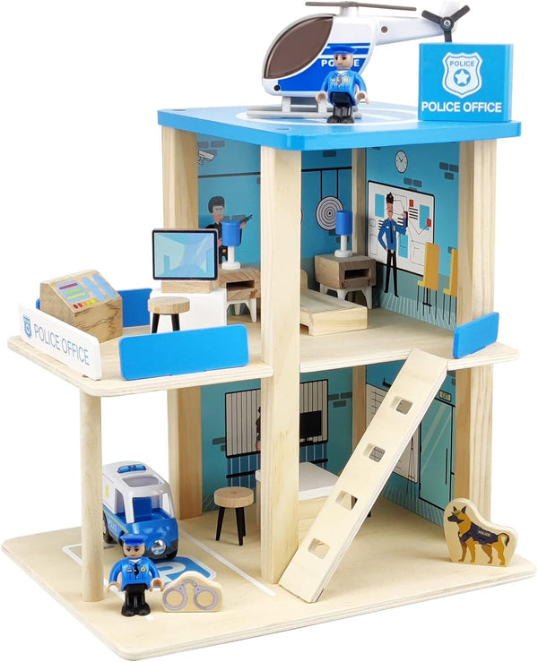 Wooden Police Station Playset Toy, Multicolor 3-Level Pretend Play Dollhouse Set with Figures