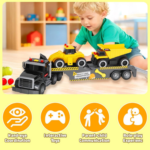 3 4 5 6+ Construction Semi Trailer Truck Toy, Large Flatbed Truck Carrier with Excavator and Dump Vehicle, Lights
