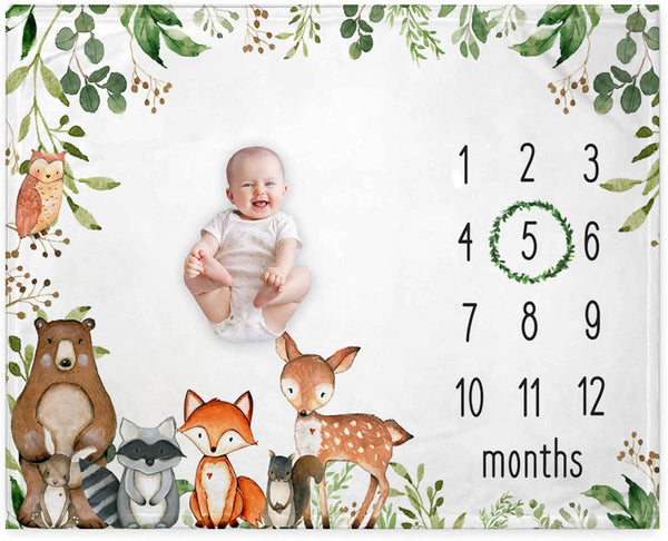 Woodland Baby Monthly Milestone Blanket, Woodland Animals Growth Chart, 50"x40" for New Moms