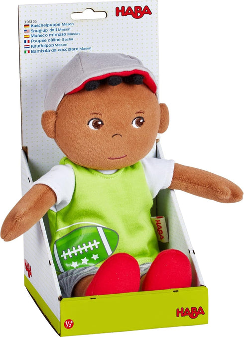 HABA Snug Up Soft Doll Mason - 11.5" Soft Boy Doll with Black Hair, Machine Washable