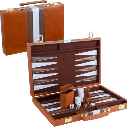 Backgammon Set for 2 Players, Classic Portable Board Game with PU Leather Case (Brown, 15inch)