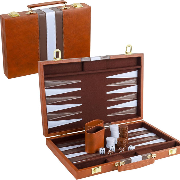 Backgammon Set for 2 Players, Classic Portable Board Game with PU Leather Case (Brown, 15inch)