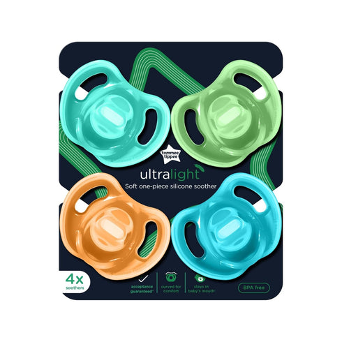 Tommee 18-36 Symmetrical Pack 4 Tippee Ultra-Light Silicone Pacifier, Months, One-Piece Design, BPA-Free Silicone