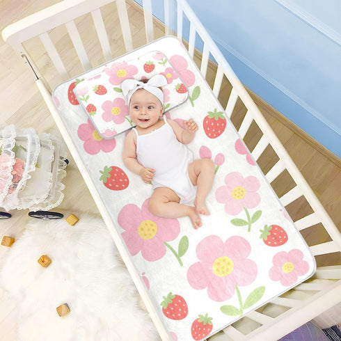 SyXIOP 28" 52" Cute Pink-Flowered Strawberries Cooling Baby Waterproof Crib Mattress Cover x Reusable Crib Bumper Pads
